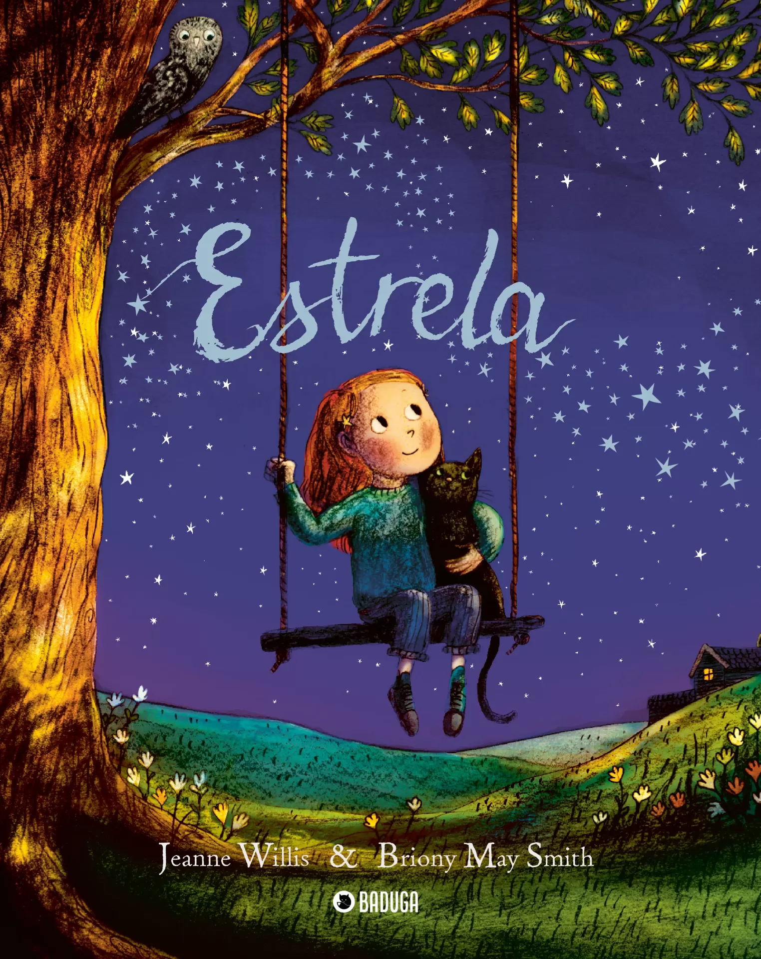 Capa de livro com menina no baloiço a segurar gato, noite estrelada e nome Estrela