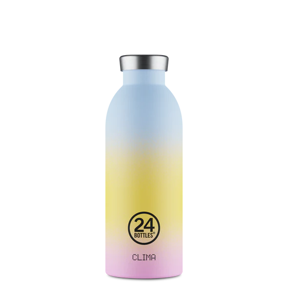 Garrafa térmica colorida com texto 24 BOTTLES CLIMA