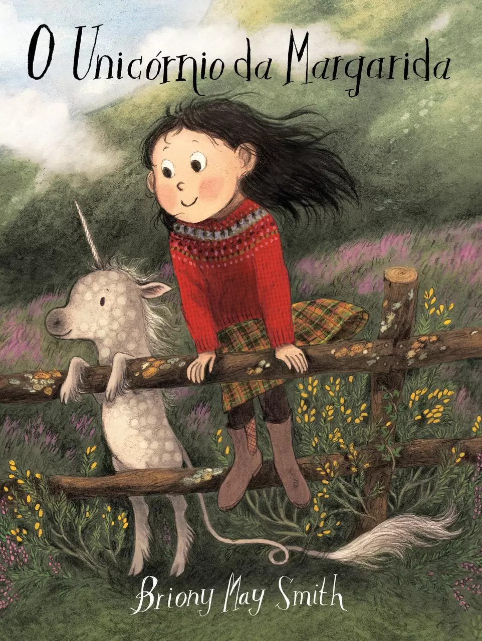 Capa de livro infantil com uma menina sentada numa vedação de madeira ao lado de um unicórnio branco.