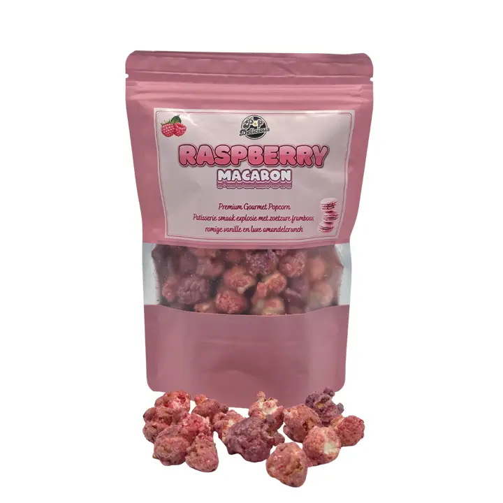 Pacote rosa de pipocas gourmet sabor framboesa macaron
