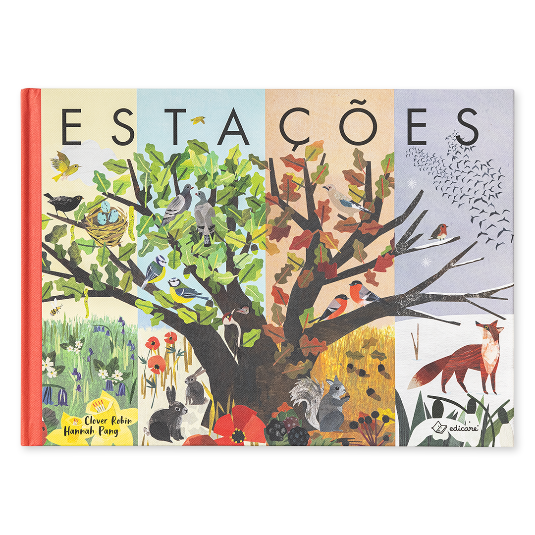 Capa de livro infantil ilustrada com árvores e animais representando as estações