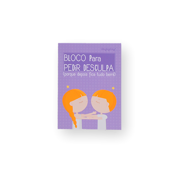 Bloco de notas com capa roxa, ilustração de duas crianças com cabelo ruivo e texto para pedir desculpa.