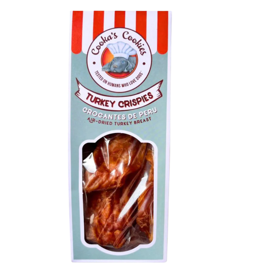 Embalagem de snacks para cães Cookas Cookies Turkey Crispies com peito de peru seco visível