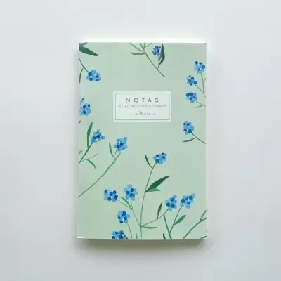 Caderno de capa verde clara com flores azuis e texto central