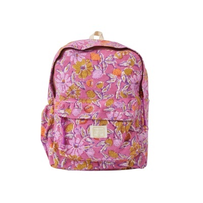 Mochila rosa com padrão floral e etiqueta BONHEUR DU JOUR PARIS