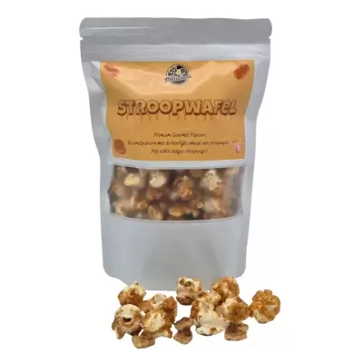 Pacote branco transparente com pipocas caramelizadas rotulado Stroopwafel