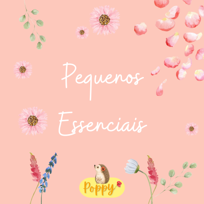 Fundo rosa com flores e folhas em aguarela e ouriço sobre texto Poppy.