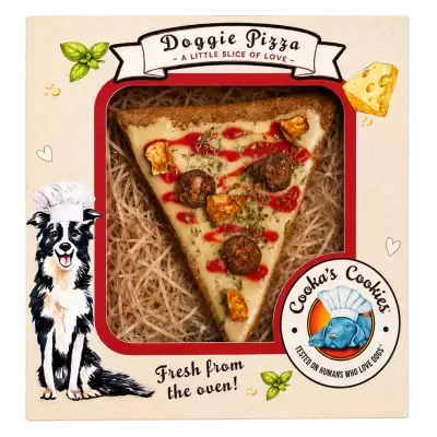 Embalagem de pizza para cães com texto e ilustração