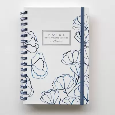 Caderno branco com flores azuis e texto central
