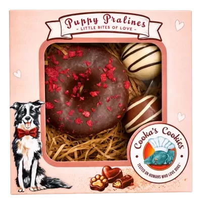 Conjunto de chocolates Puppy Pralines com donut e trufas em embalagem rosa com ilustração de cão
