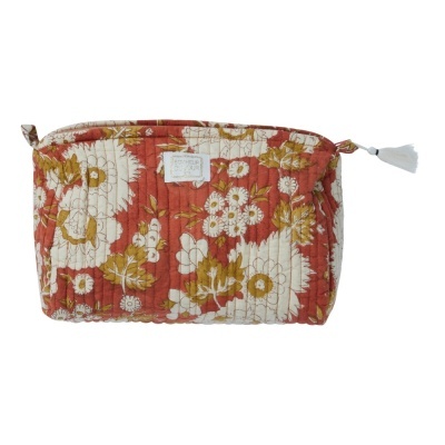 Bolsa necesaire tecido acolchoado floral castanho e branco com tassel