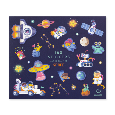 Folha de autocolantes espaciais coloridos com texto 160 STICKERS AUTOCOLANTES SPACE