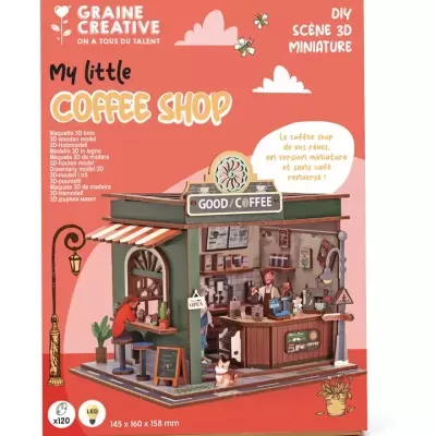 Maquete 3D de coffee shop miniatura em madeira colorida com detalhe de figuras e toldo