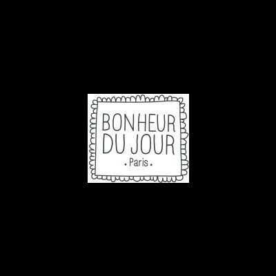Etiqueta decorativa quadrada com texto BONHEUR DU JOUR . Paris . sobre fundo branco.