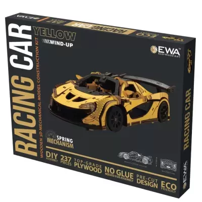 Caixa de kit de construção modelo mecânico 3D carro de corrida amarelo em madeira