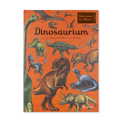 Capa de livro laranja com ilustrações de dinossauros e texto Dinosaurium