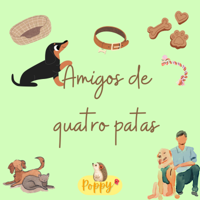 Produtos para cães incluindo cama , coleira, biscoitos e brinquedo em fundo verde claro com texto em português.