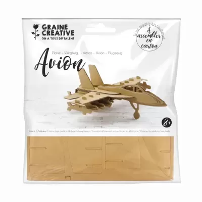 Kit para montar avião em cartão castanho com embalagem branca e texto Graine Creative