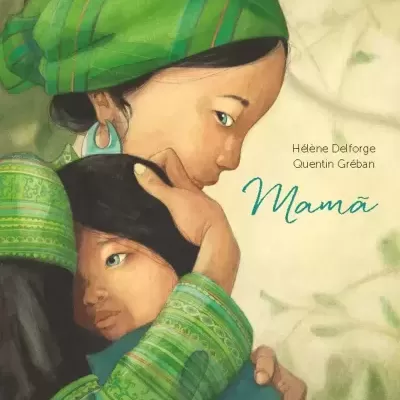Capa de livro com mulher e criança de roupa verde abraçados e texto Mamã