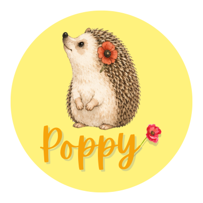 Ilustração de ouriço-pigmeu com papoila vermelha e texto Poppy em fundo amarelo