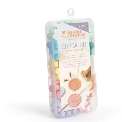 Caixa transparente com pastilhas de cera para lacrar em cores pastel