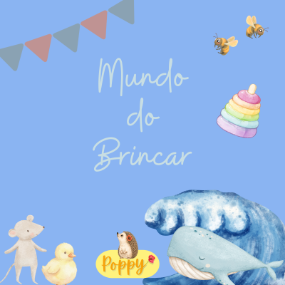 Ilustração infantil com animais, pirâmide de argolas coloridas, bandeirolas e texto em fundo azul