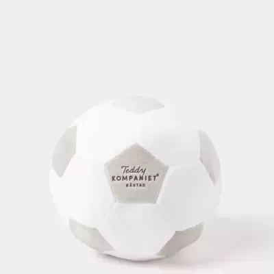 Bola de futebol de pelúcia branca e cinza com texto impresso