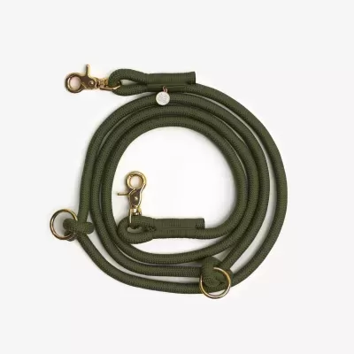 Trela para cães têxtil verde com acessórios dourados e pendente com texto FURLOU