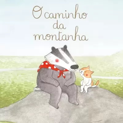 Livro infantil com ilustração de texugo e gato sentados numa pedra e texto do título