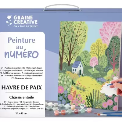 Kit pintura por números com paisagem e casa em tela pavimentada, tintas e pincéis