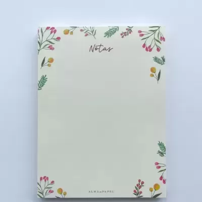 Bloco de notas decorado com flores, texto Notas e ALMA EM PAPEL