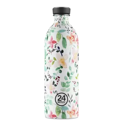 Garrafa de metal com padrão floral colorido, tampa preta e logo 24 BOTTLES.
