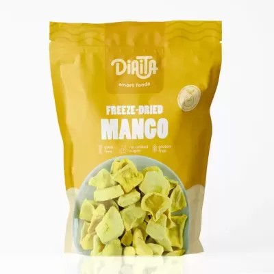 Pacote amarelo de manga liofilizada da marca DIAITA