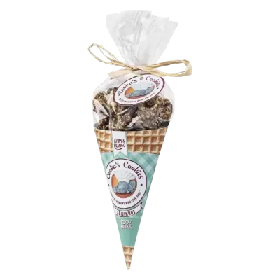 Pacote transparente de cookies com etiqueta azul e cone padrão waffle
