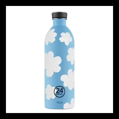 Garrafa reutilizável azul com flores brancas e texto 24 BOTTLES