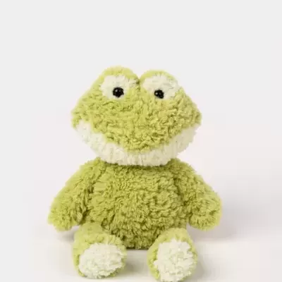 Pelúcia de rã verde com partes brancas e olhos pretos