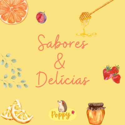 Ilustração de frutas, pote de compota e texto Sabores & Delícias