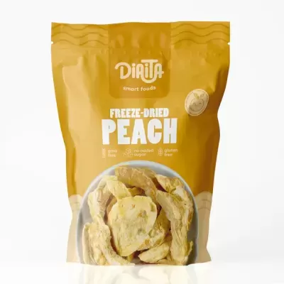 Embalagem amarela de frutos secos liofilizados de pêssego da marca Diaita