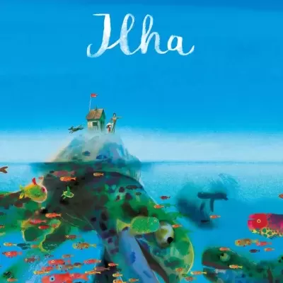 Capa de livro azul com título Ilha, autor Mark Janssen e ilustração de uma ilha com casa e tartarugas submersas
