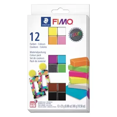Caixa de massa de modelar FIMO com 12 cores variadas, incluindo neón, embalagem branca com texto e janelas para ver as cores.