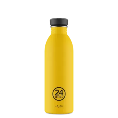 Garrafa amarela de aço inoxidável com tampa preta e texto 24 BOTTLES