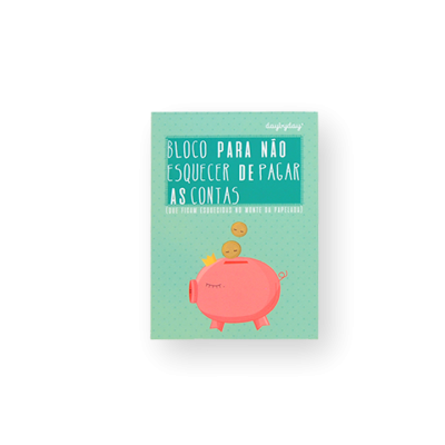 Bloco de notas com capa azul com illustration de mealheiro cor-de-rosa e texto sobre contas