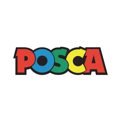 Logotipo colorido da marca POSCA com letras em vermelho, azul, verde e amarelo