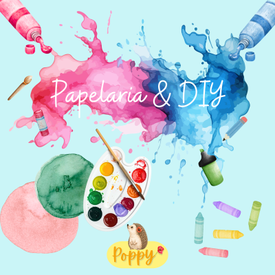 tubos de tinta, pincel, paleta de cores, lápis e marcadores coloridos com texto Papelaria & DIY