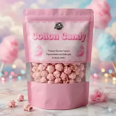Saco rosa com pipocas cor-de-rosa e rótulo Cotton Candy