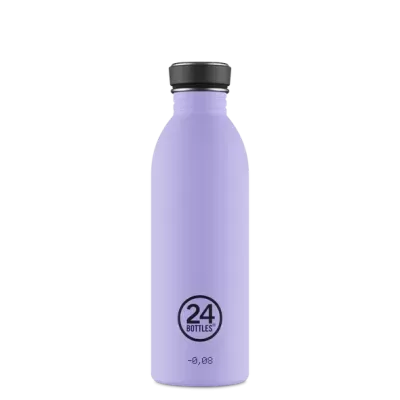 Garrafa térmica lilás com tampa preta e texto 24 BOTTLES