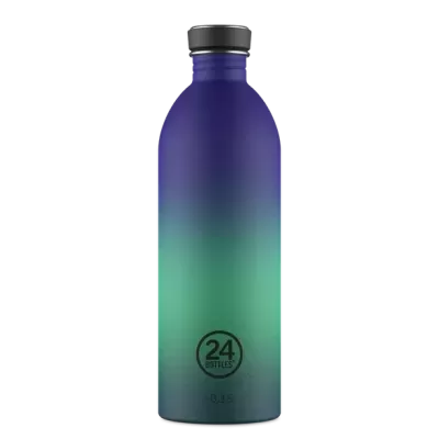 Garrafa reutilizável azul e verde com logo 24 BOTTLES
