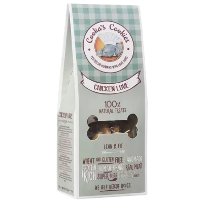 Embalagem de biscoitos para cães Cookas Cookies Chicken Love com padrão xadrez e janela em forma de osso