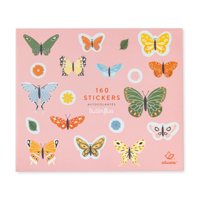 Pacote rosa de autocolantes coloridos de borboletas e flores com texto 160 STICKERS AUTOCOLANTES Butterflies