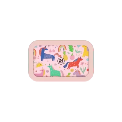Recipiente rosa claro com desenhos coloridos de cavalos, arco-íris e texto 24 BOTTLES
